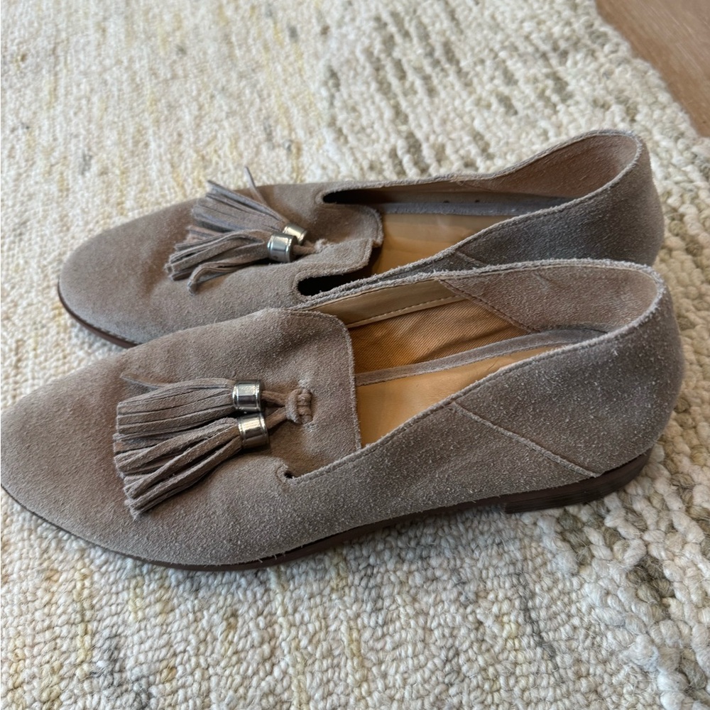 Franco Sarto Taupe Suede Loafers with Tassels